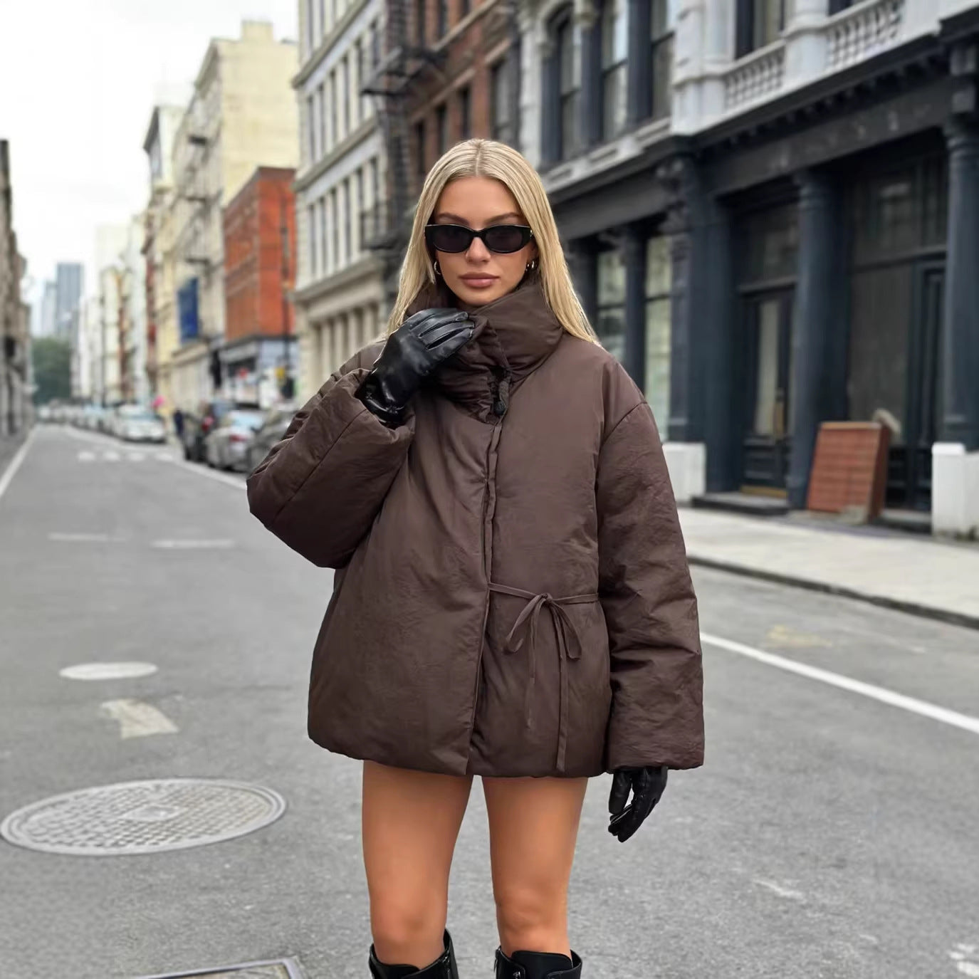 Women's Oversized Quilted Jacket with High Stand Collar and Waist Belt Chichicherry