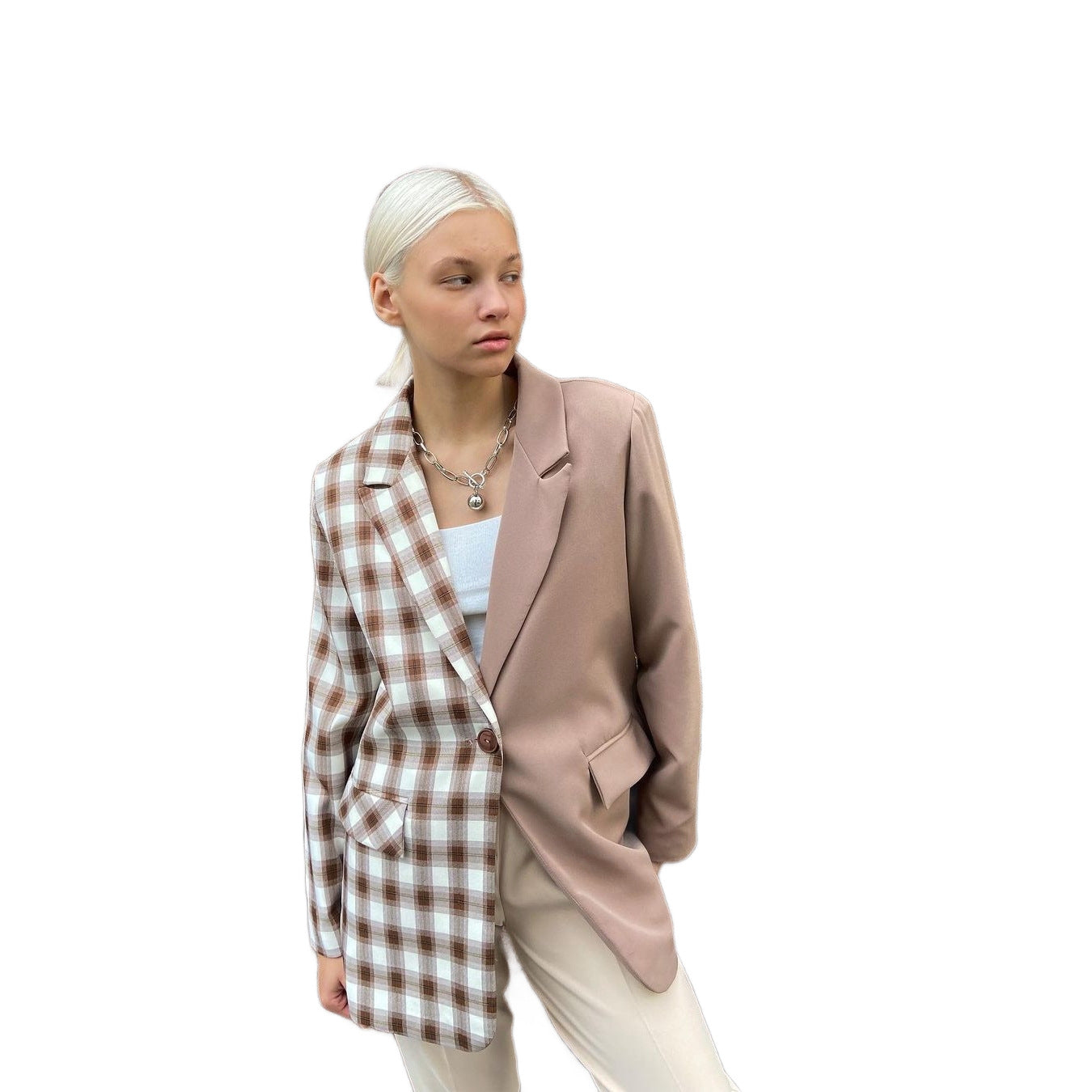 Damen Zweifarbiger Oversize-Blazer mit Karomuster und Reverskragen Chichicherry