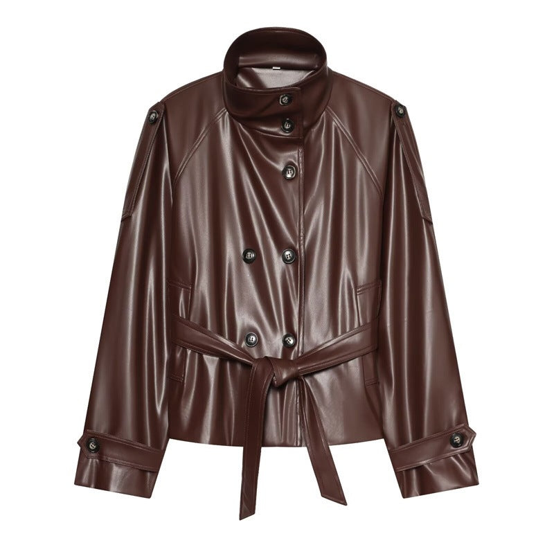 Women tailored faux leather jacket with stand-up collar, tie belt and double-breasted button placket Chichicherry