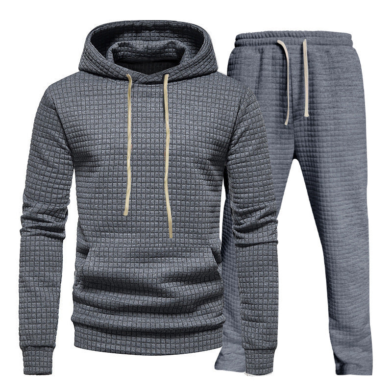 Men's Waffle Texture Leisure Set with Hoodie and Drawstring Joggers Chichicherry