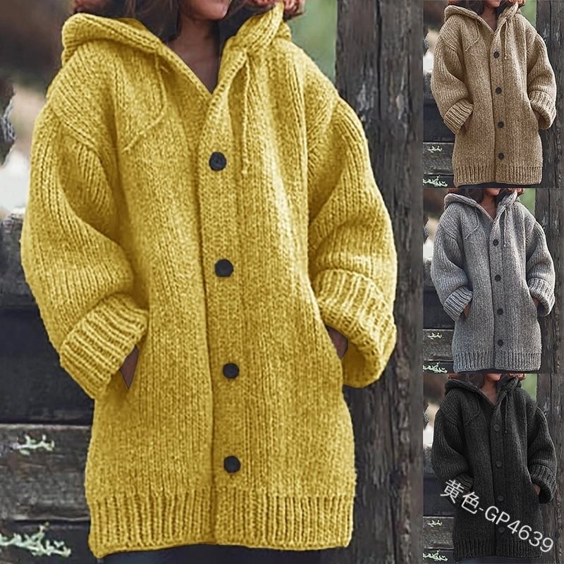 Women's loose-fitting hoodie knit coat with button placket and side pockets Chichicherry