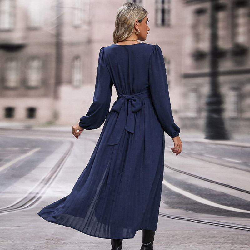 Women Long Viscose Maxi Dress with Wrap Waist, Deep V-Neck and High Slit