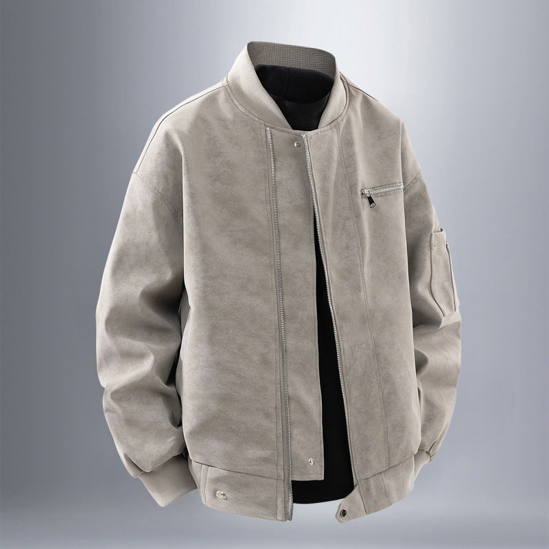 Men's Suede Look Bomber Jacket with Full Zip, Rib Collar and Utility Pockets Chichicherry