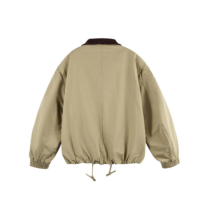 Men's Boxy Zip Transition Jacket made of durable canvas with contrasting knit collar, drawstring and flap pockets Chichicherry