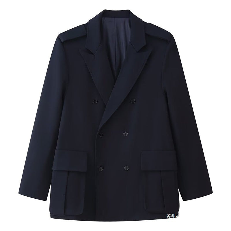 Women Double-breasted Field Blazer with large flap pockets and shoulder epaulets Chichicherry