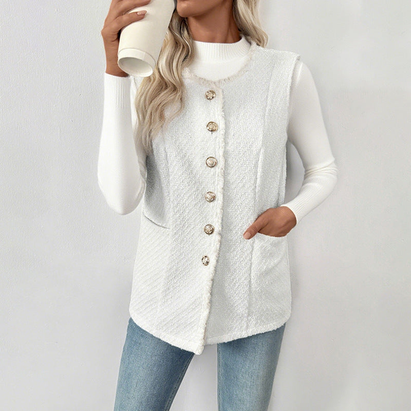 Women's Boucle Vest with Decorative Buttons, Fringe Trim and Pockets Chichicherry