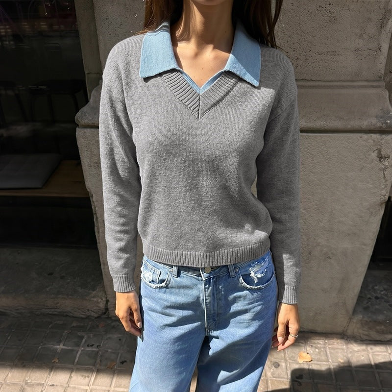 Women's fine knit polo sweater with contrasting shirt collar and V-neck Chichicherry