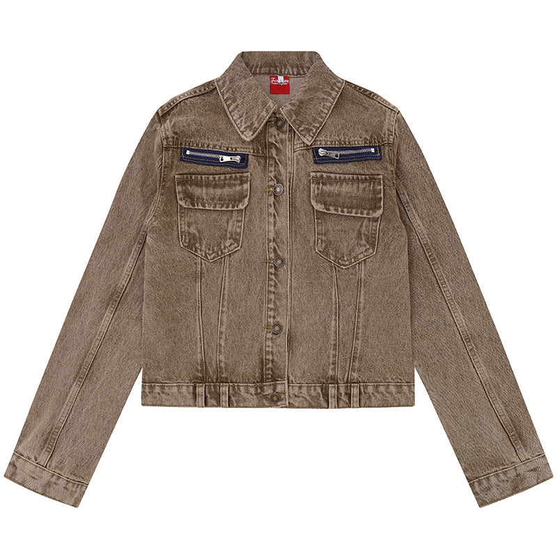 Women's short vintage denim jacket with chest pockets, zipper detail and button placket Chichicherry