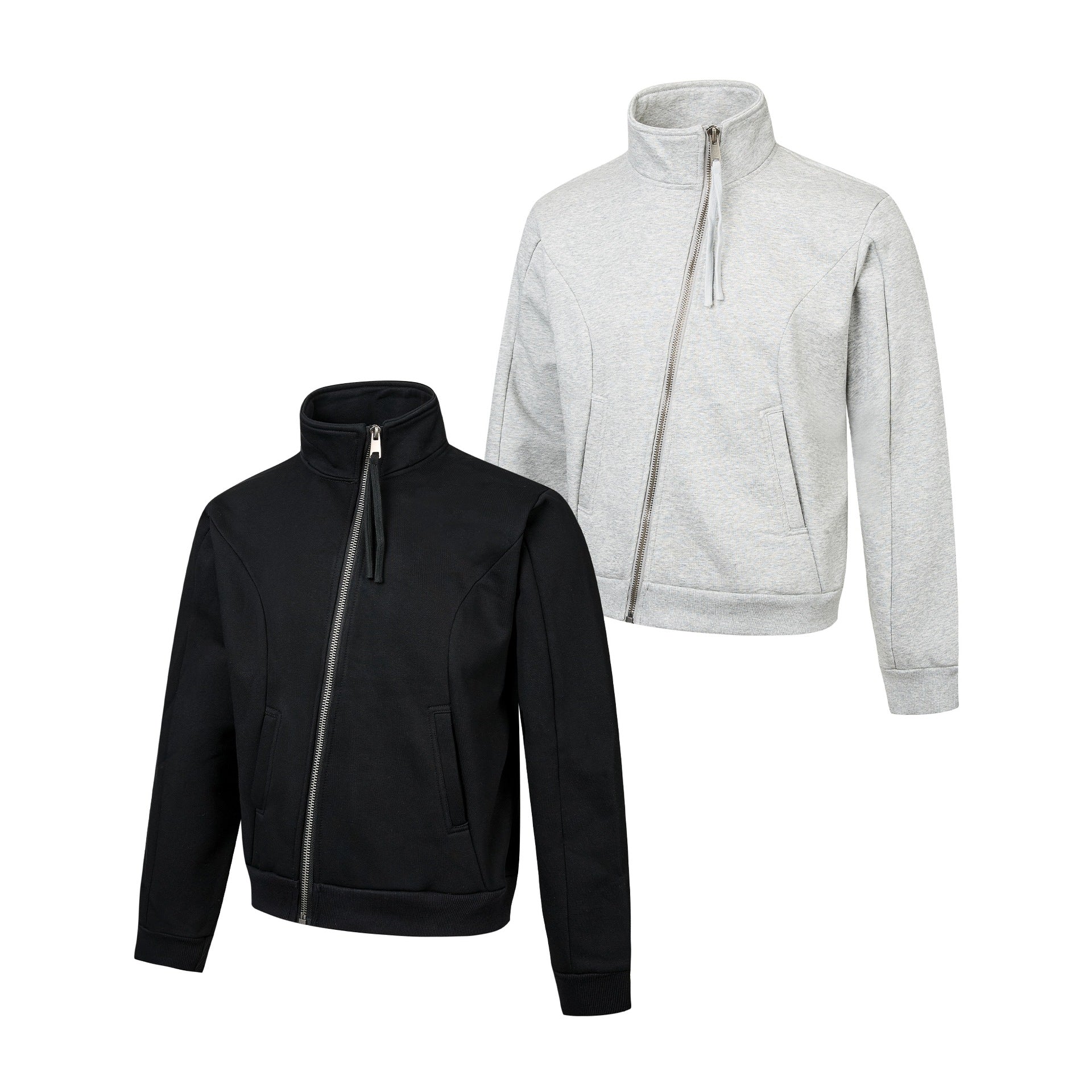 Unisex Short-cut Sweat Jacket with High Stand-up Collar and Asymmetrical Zipper Chichicherry