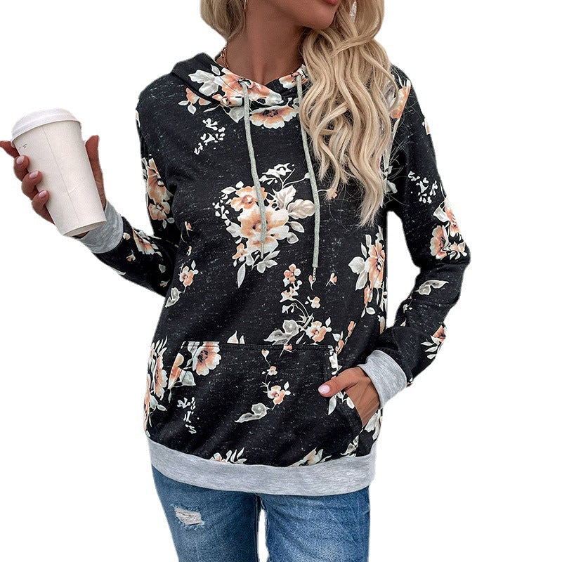 Ladies Casual Hoodie with Floral Vintage Print, Kangaroo Pocket and Contrasting Cuffs