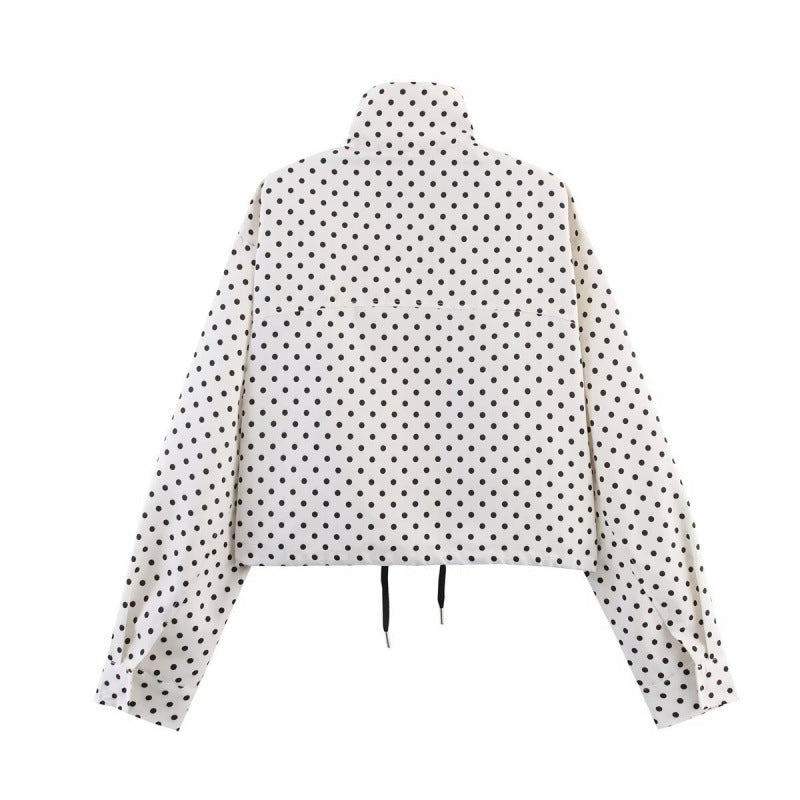 Women's Cropped Quilted Jacket with Polka Dot Print, Stand Collar and Drawstring Chichicherry
