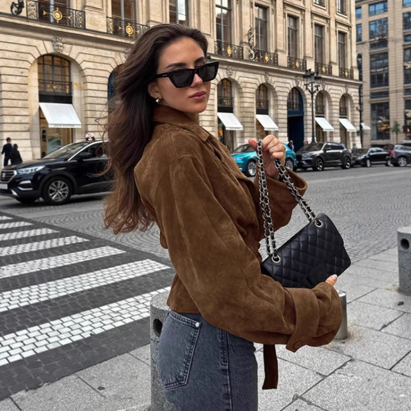 Women's Tailored Suede-Look Short Jacket with Wrap Belt and Long Cuffs Chichicherry
