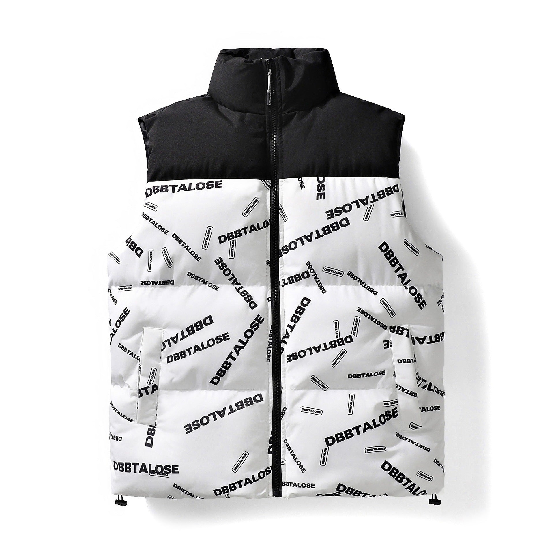 Men's Padded Quilted Vest with High Collar Allover Logo Print & Drawstring Hem Chichicherry