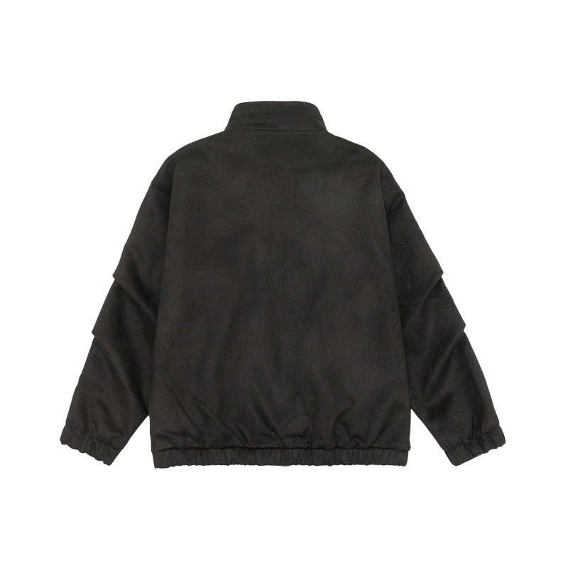 Unisex Short-Cut Stand-Up Collar Fleece Jacket with Concealed Snap Button Placket Chichicherry