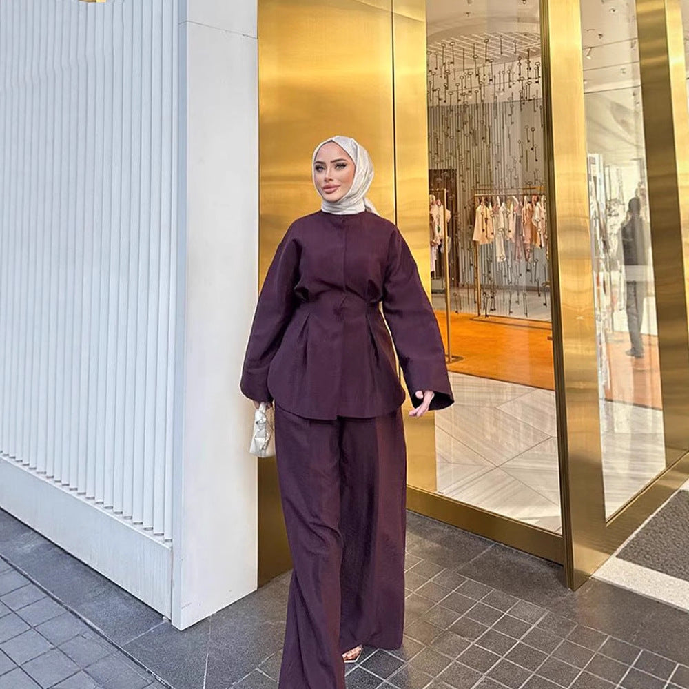 Ladies two-piece linen set with tailored pleat, wide leg and zip jacket Chichicherry