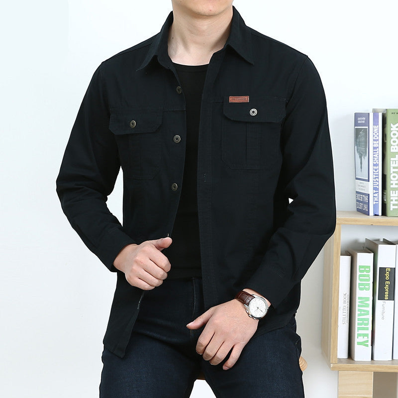 Men's Lightweight Canvas Overshirt in Utility Style with Chest Flap Pockets and Shirt Collar Chichicherry