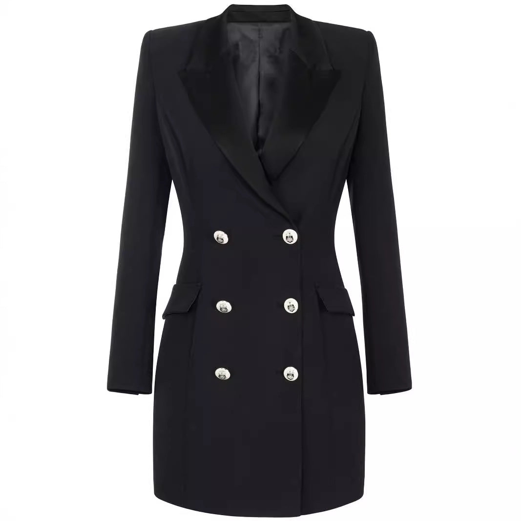 Women Tailored Double-Breasted Blazer Dress-Mini Dress with Structured Shoulder Chichicherry
