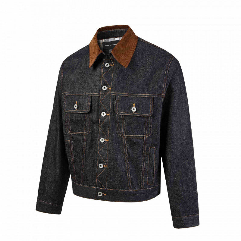 Men's Boxy Denim Jacket with Corduroy Collar and Checked Lining Chichicherry
