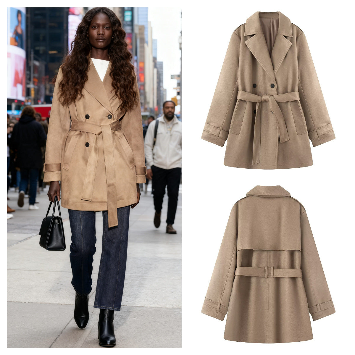 Women's short trench coat in suede-look velvet with tie belt Chichicherry