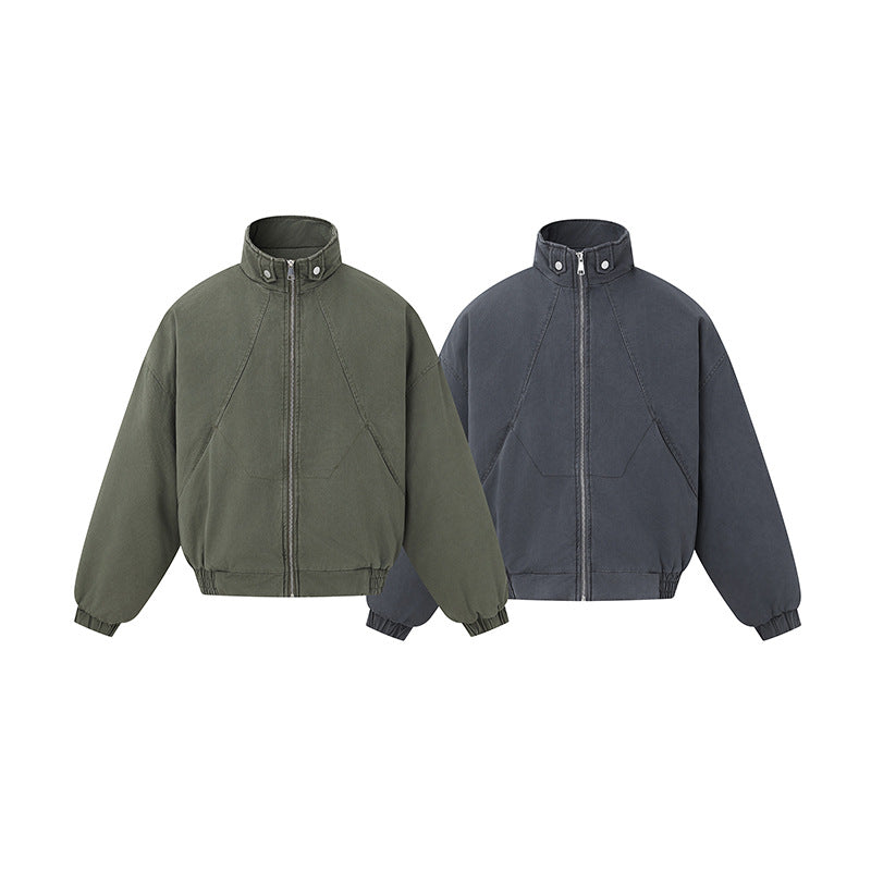 Unisex Boxy-Canvas-Bomber Jacket with High Stand-Up Collar, Diagonal Seam Design and Elastic Hem Chichicherry