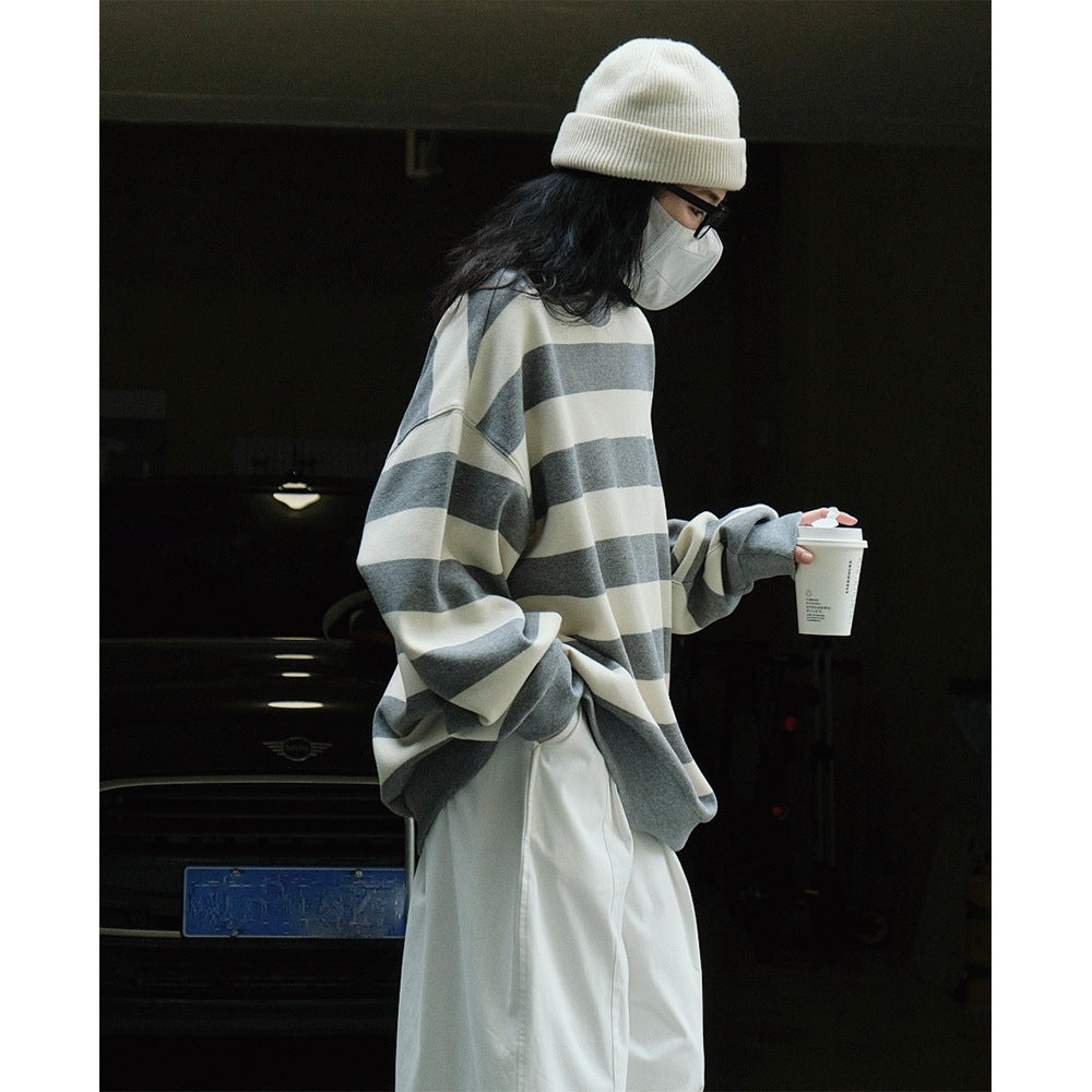 Women’s Oversized Cotton Blend Knit Sweater with Wide Block Stripes and Dropped Shoulder Chichicherry