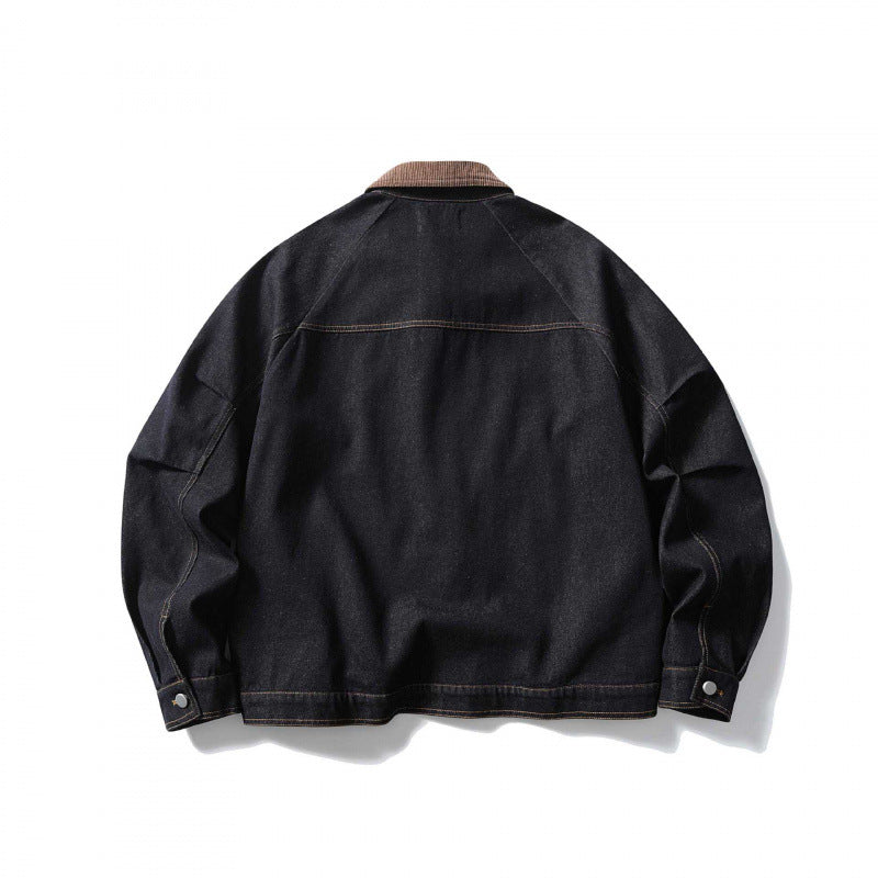 Unisex Boxy Denim Jacket with Cord Collar, Contrasting Decorative Seams and Press Stud Placket Chichicherry