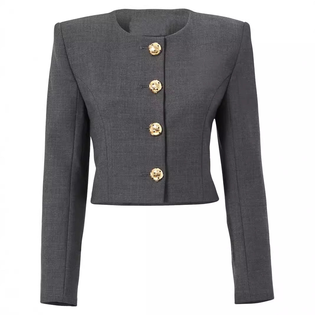 Women's Two-Piece Tailoring Suit Short Blazer with Distinctive Shoulder and High-Waisted Palazzo Pants Chichicherry