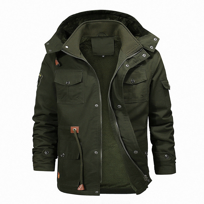 Men's canvas parka with teddy fleece lining, hood, and multifunctional pockets Chichicherry