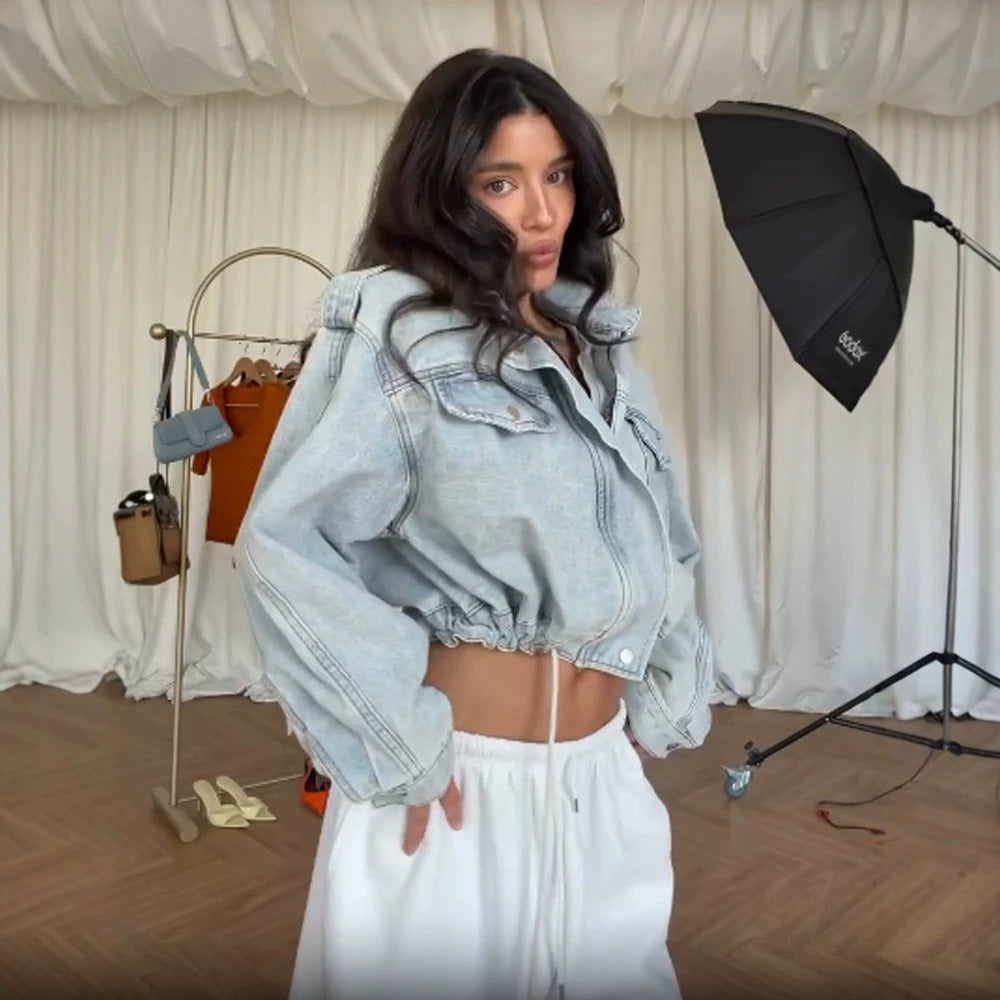 Women's Cropped Denim Jacket with Drawstring, Boxy Oversized Silhouette & Flap Pockets Chichicherry