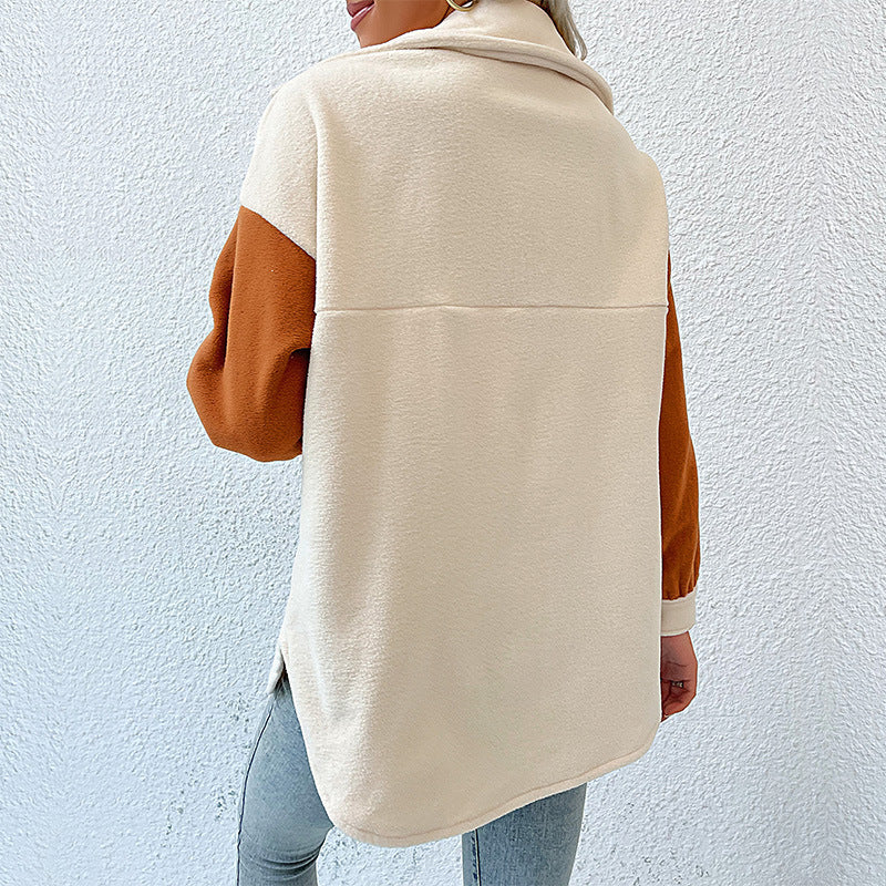 Women's oversized shirt jacket with contrasting sleeves and patch breast pockets Chichicherry