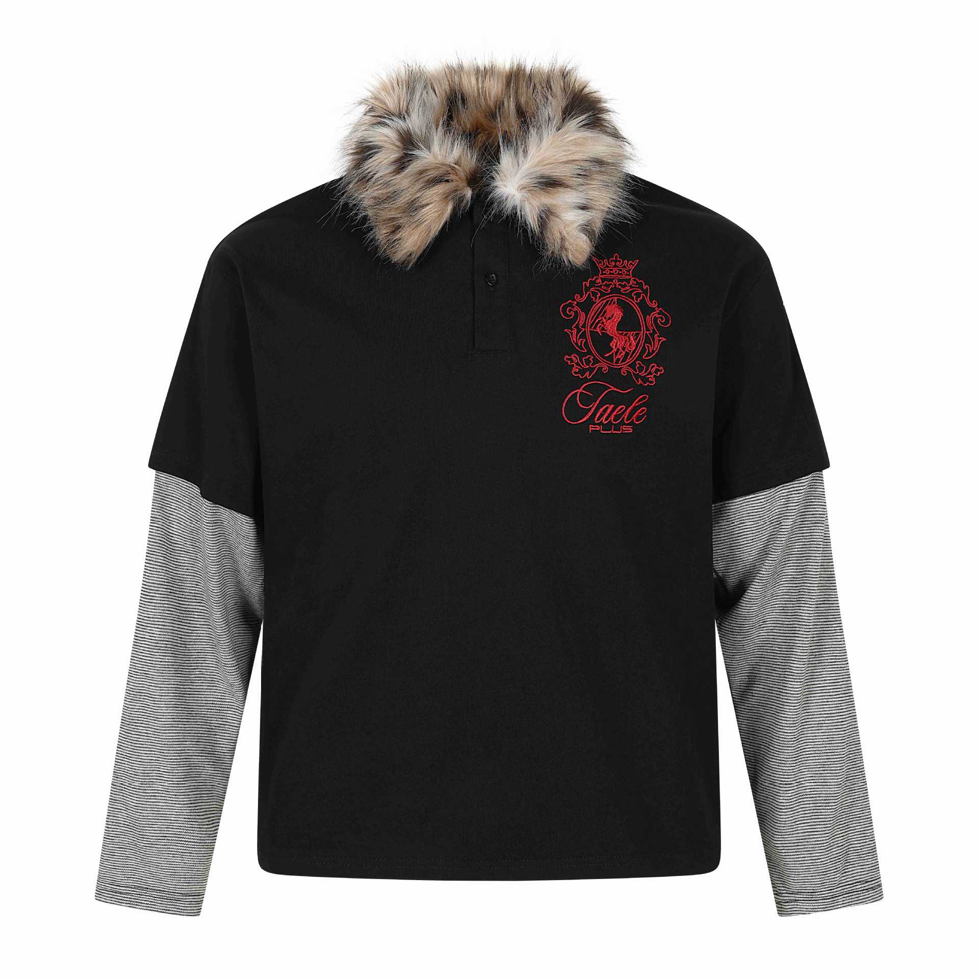 Women Layered-Look Long Sleeve Polo with Faux Fur Collar and Badge Embroidery Chichicherry