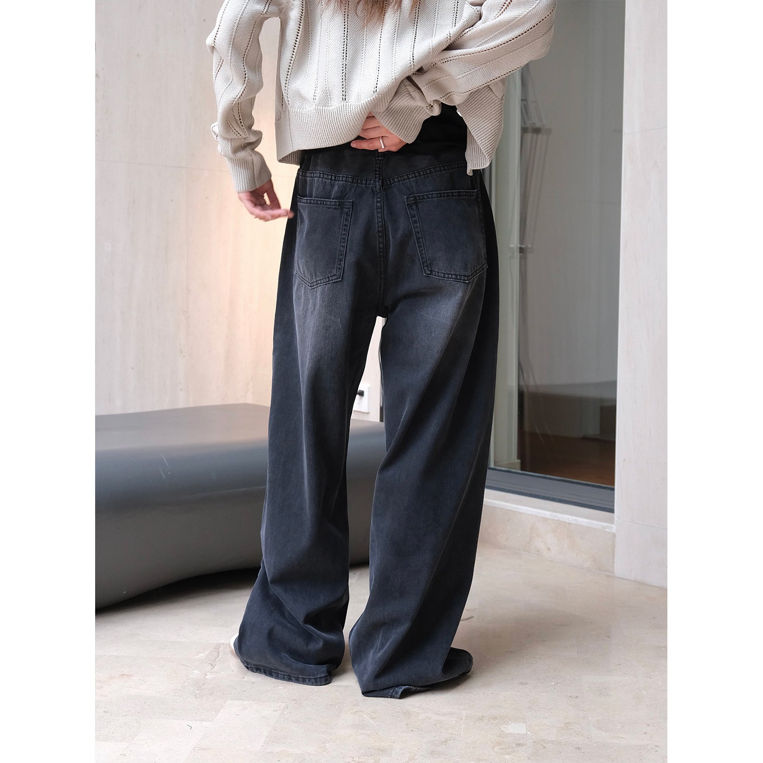 Women's Wide High-Waist Denim Palazzo Pants with Vintage Wash Chichicherry