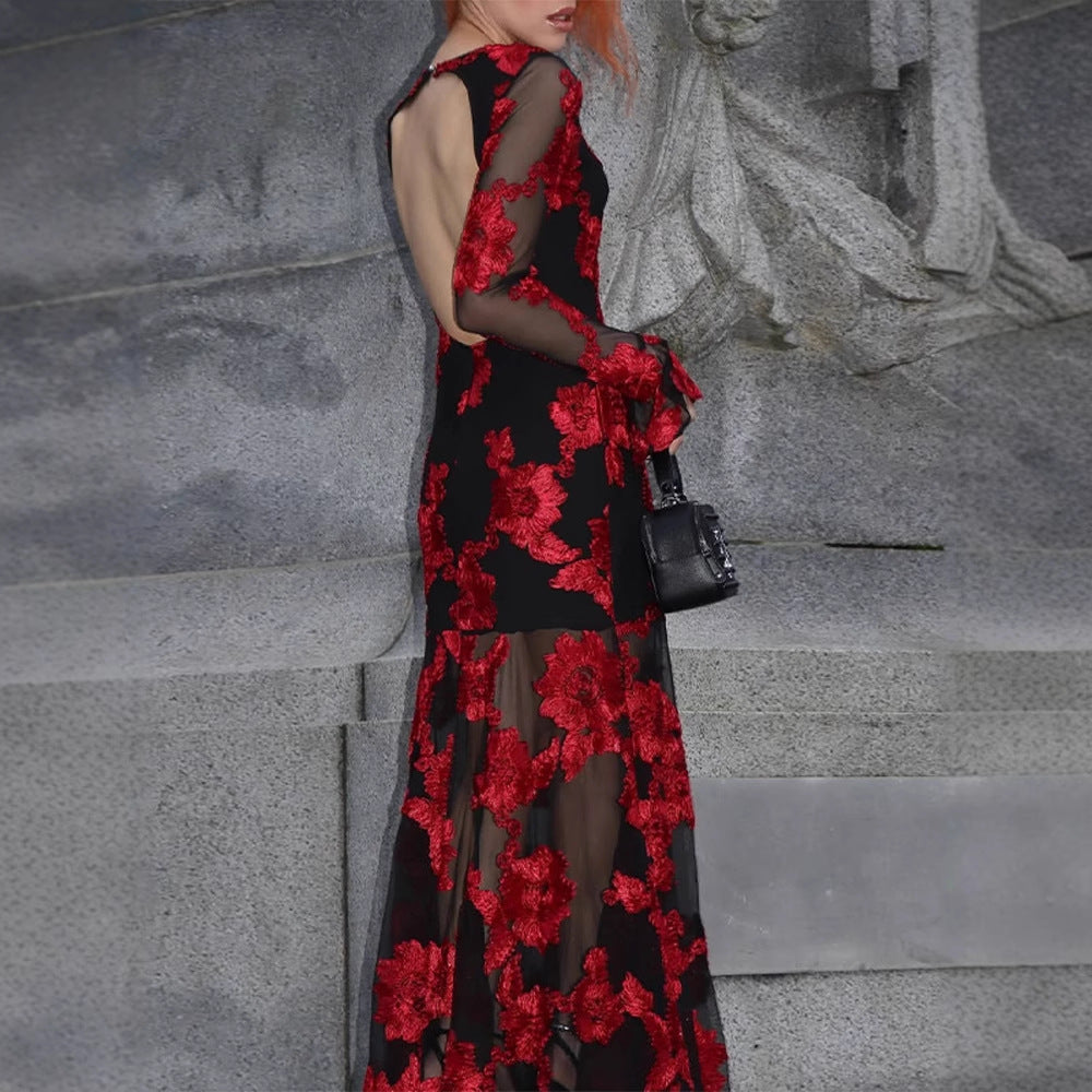 Women’s maxi dress with transparent mesh and floral embroidery Chichicherry