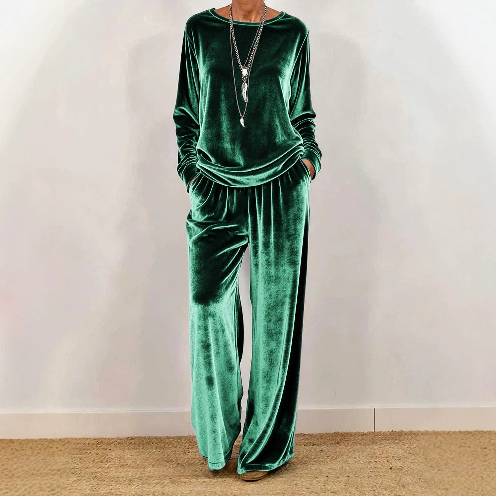 Women's Velvet Lounge Set with Wide Leg and Round Neckline Chichicherry