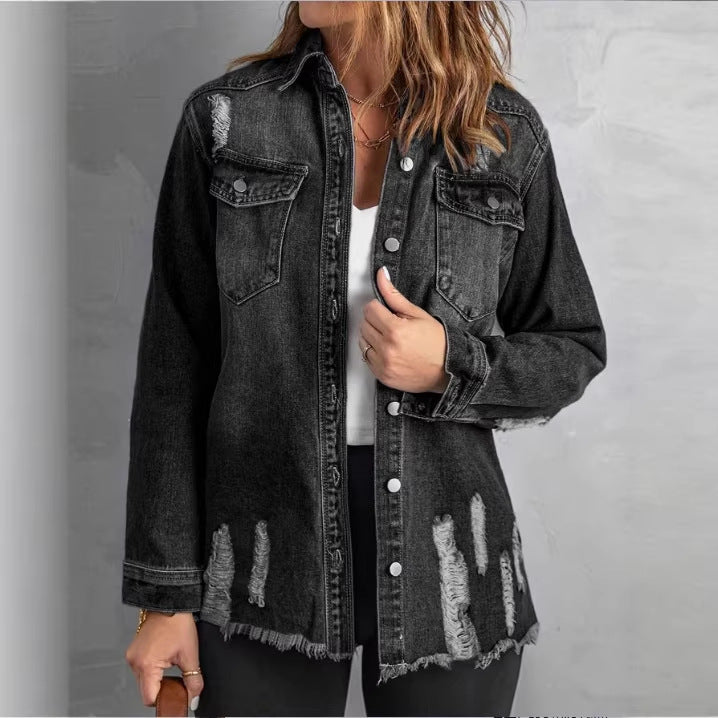 Women Oversized Denim Shirt Jacket with Distressed Details and Fringed Hem Chichicherry