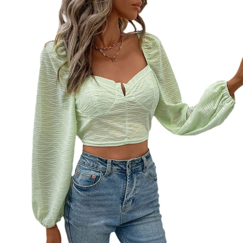 Women Short Bustier Cropped Top with Heart-Shaped Neckline, Puff Sleeves and Textured Chiffon Look Chichicherry
