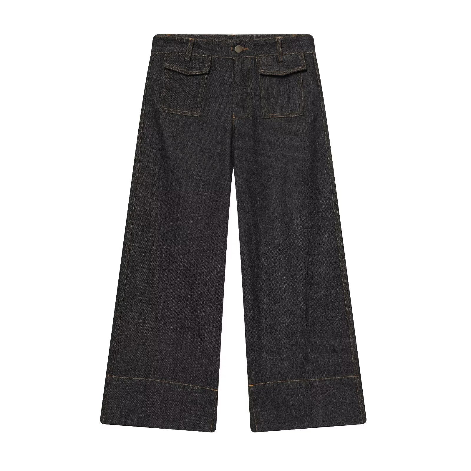 Women's Wide Cropped Jeans Pants with High Waist, Patch Flap Pockets and Wide Hem Chichicherry