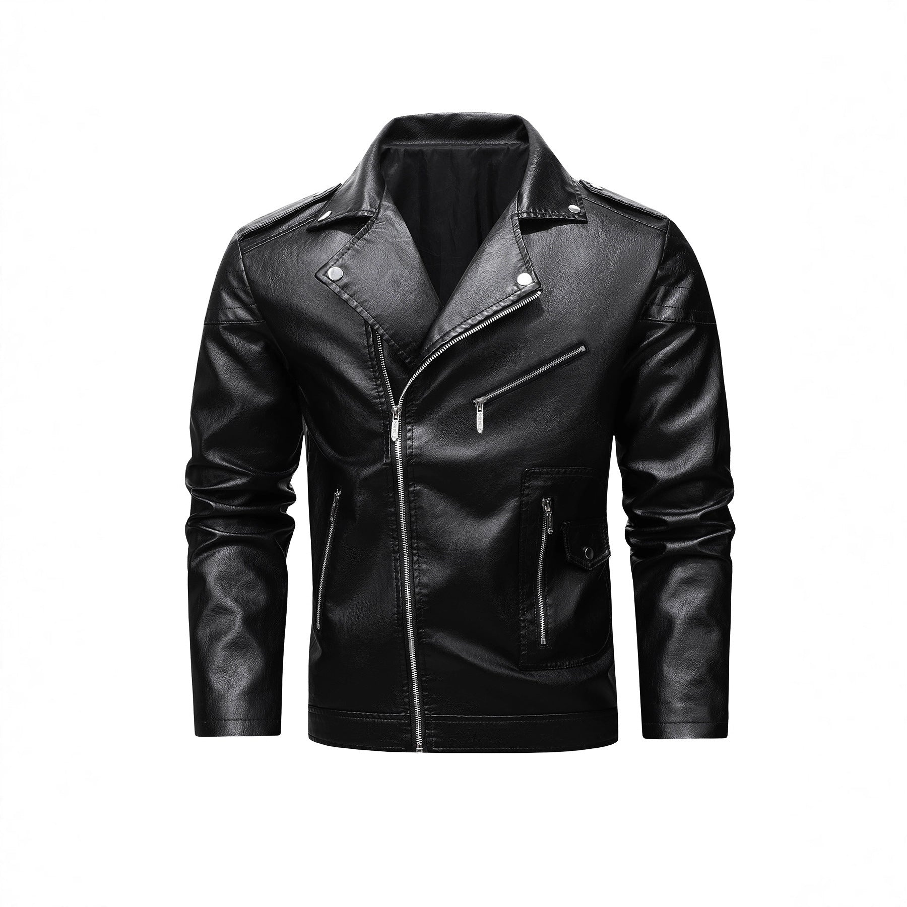 Men's biker jacket made of synthetic leather with asymmetrical zipper and quilted shoulder section Chichicherry