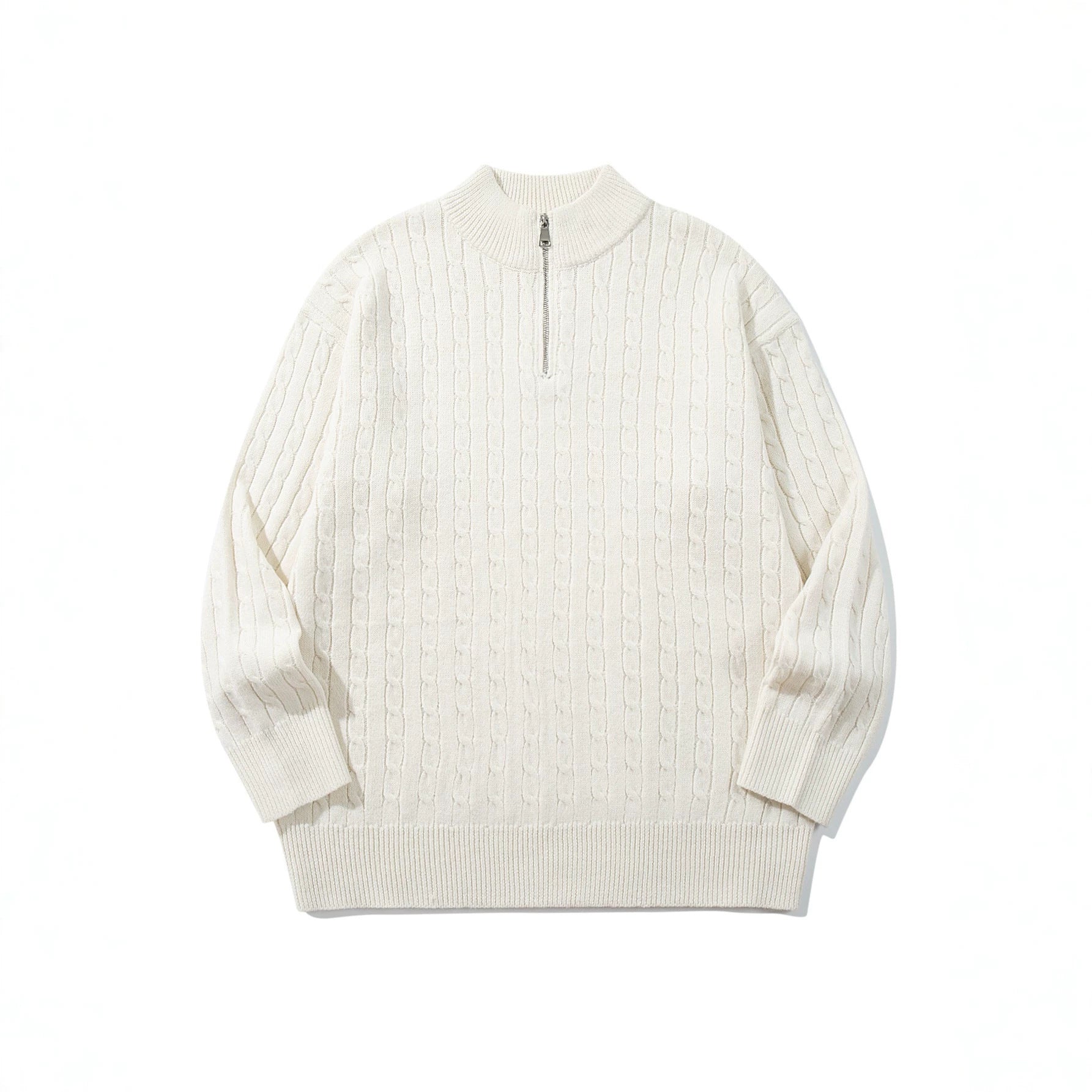 Unisex Cable Pattern Half-Zip Knit Sweater with High Ribbed Collar and Longer Hem Down