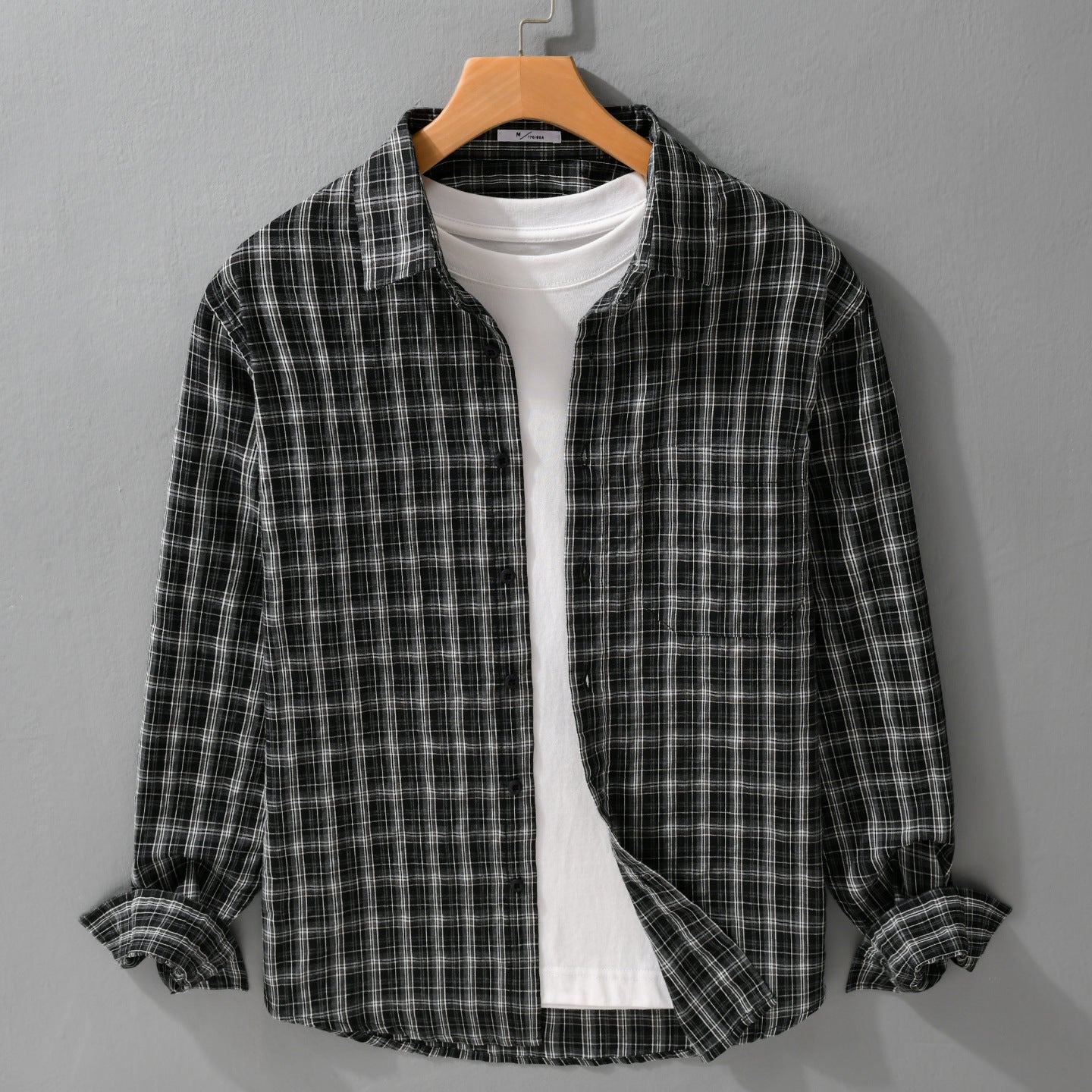 Men Brushed Check Layering Shirt made of Cotton Flannel with Patch Chest Pocket and Rounded Hem Chichicherry