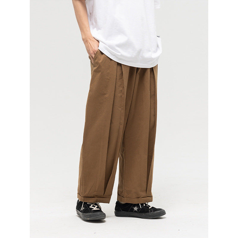 Women Wide High-Waist Pleated Pants with Elastic Drawstring and Cuffed Hem Chichicherry
