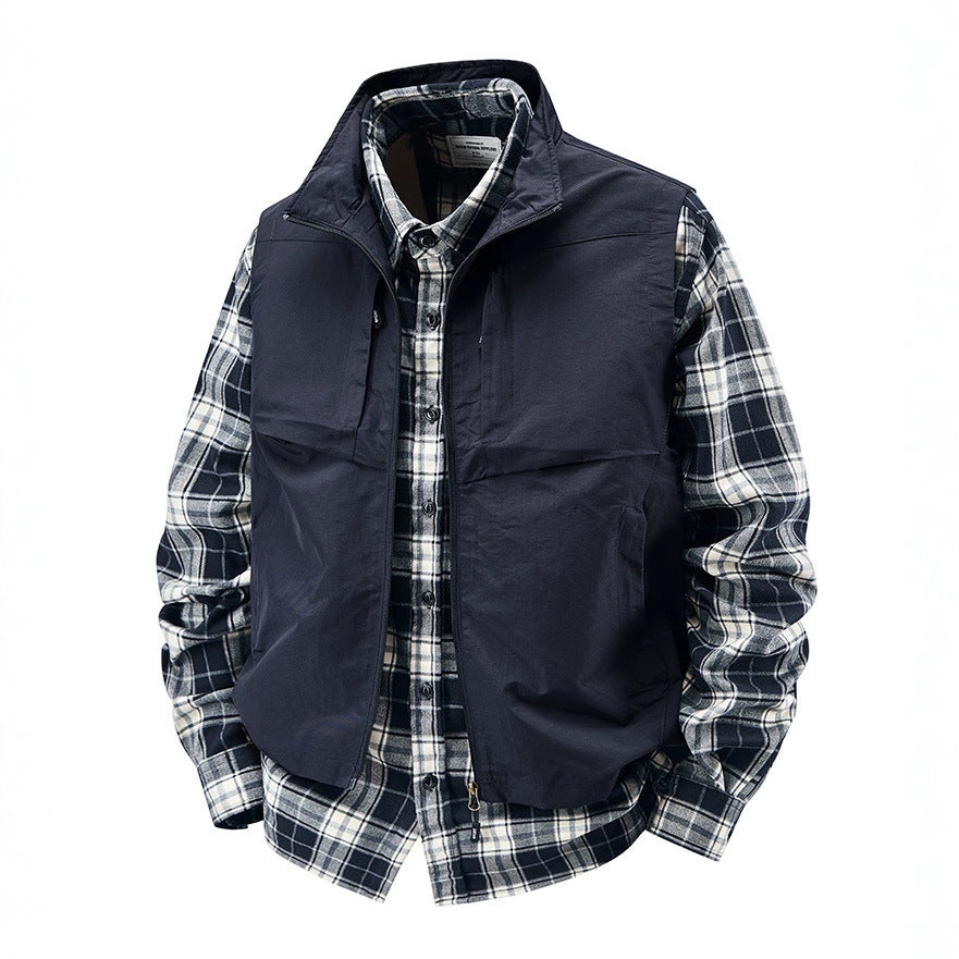 Men's Multifunctional Canvas Vest with Front and Chest Pockets and Adjustable Hem Chichicherry