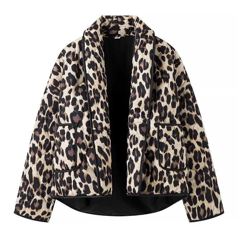 Women's Lined Short Jacket in Leopard Print with Shawl Collar and Piping Chichicherry