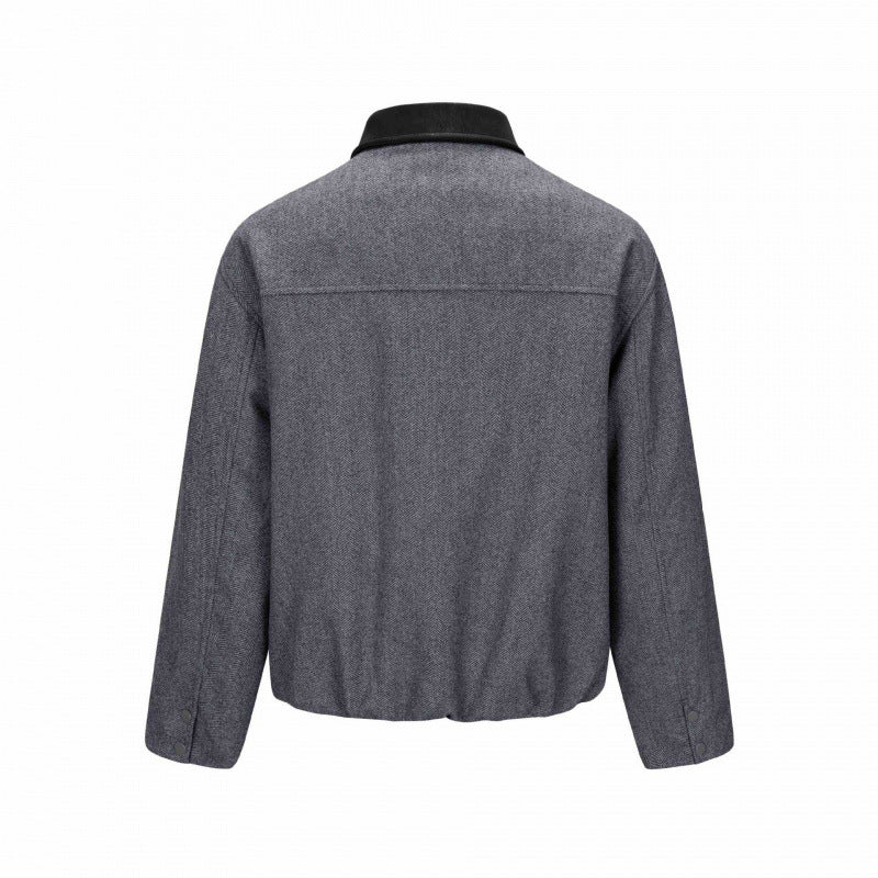 Men's short jacket in herringbone wool blend with leather collar and concealed closure Chichicherry
