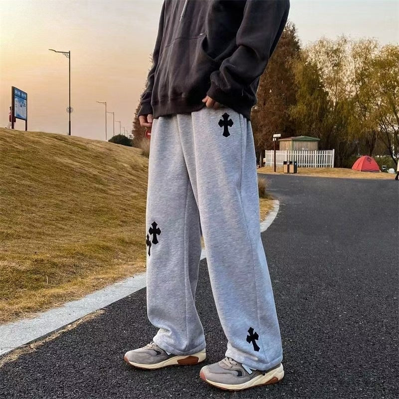 Men's Loose Sweatpants with Gothic Cross Print, Drawstring & Drop Crotch Chichicherry