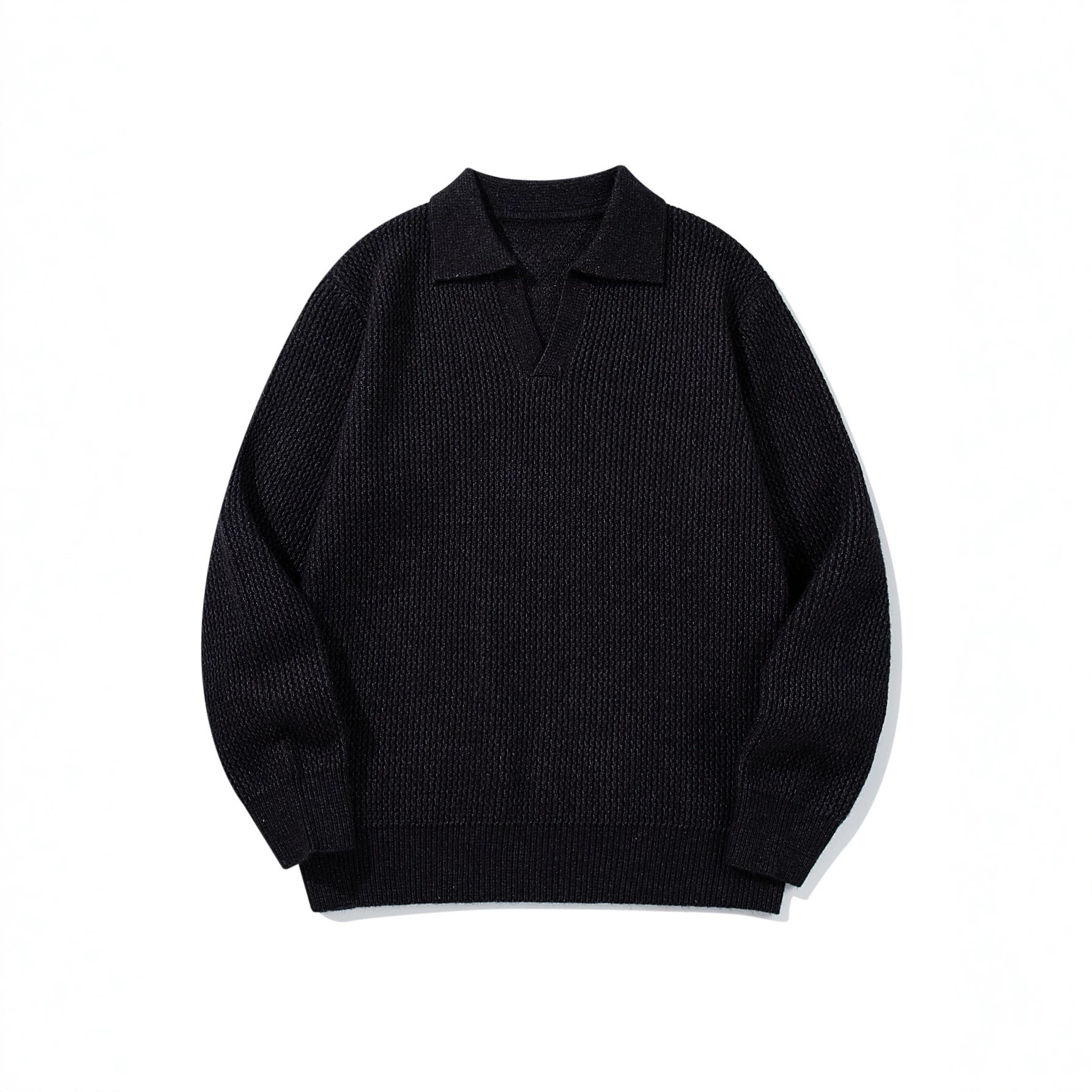 Men's Chunky Knit Polo Collar Sweater with V-Neck and Ribbed Cuffs Chichicherry