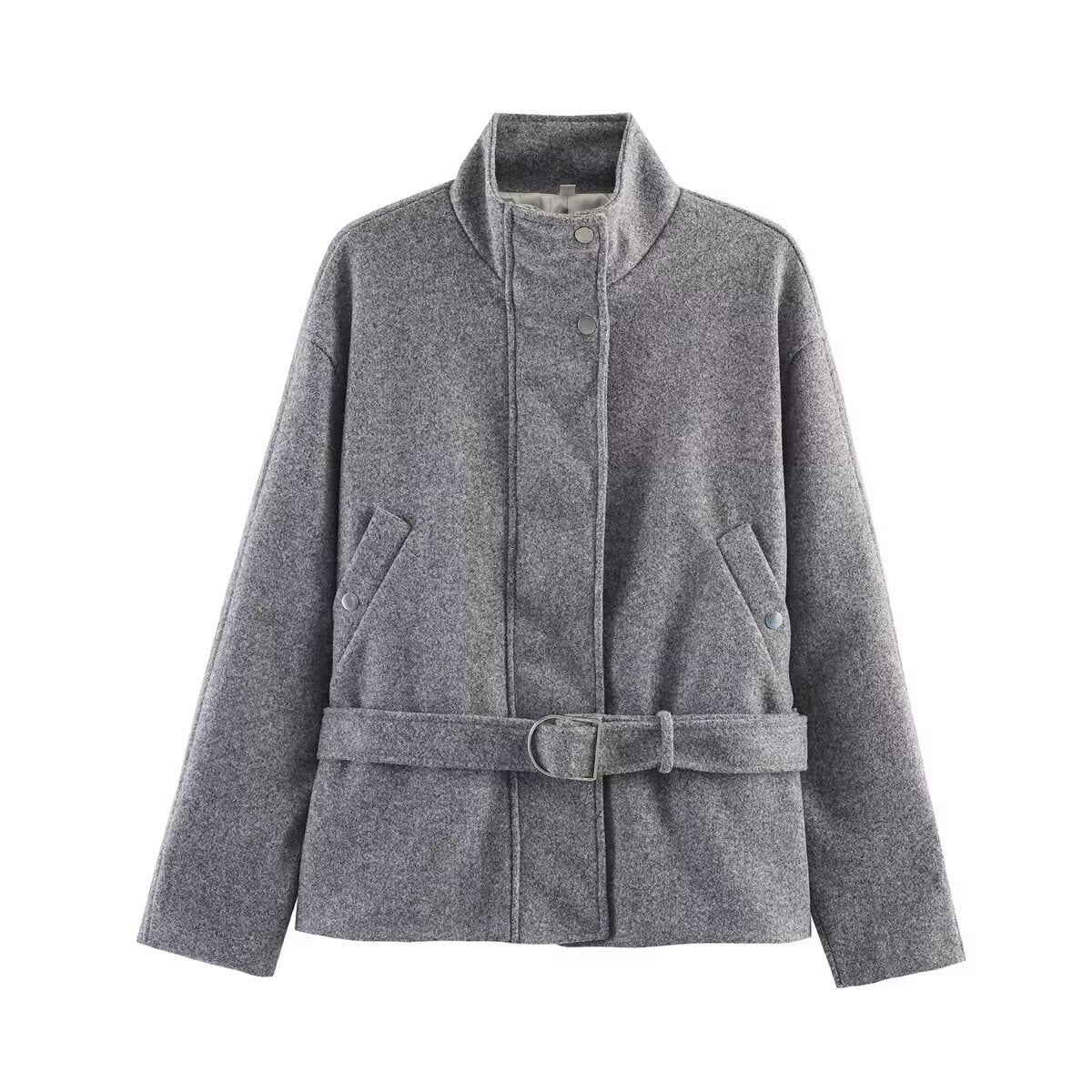 Women's short jacket made of wool blend with waistband, stand-up collar and flap pockets Chichicherry