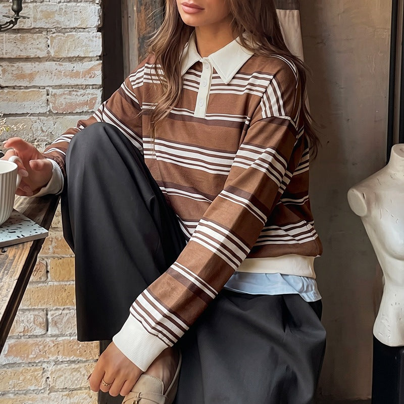 Women Striped Rugby Sweater with Polo Collar and Oversized Fit Chichicherry