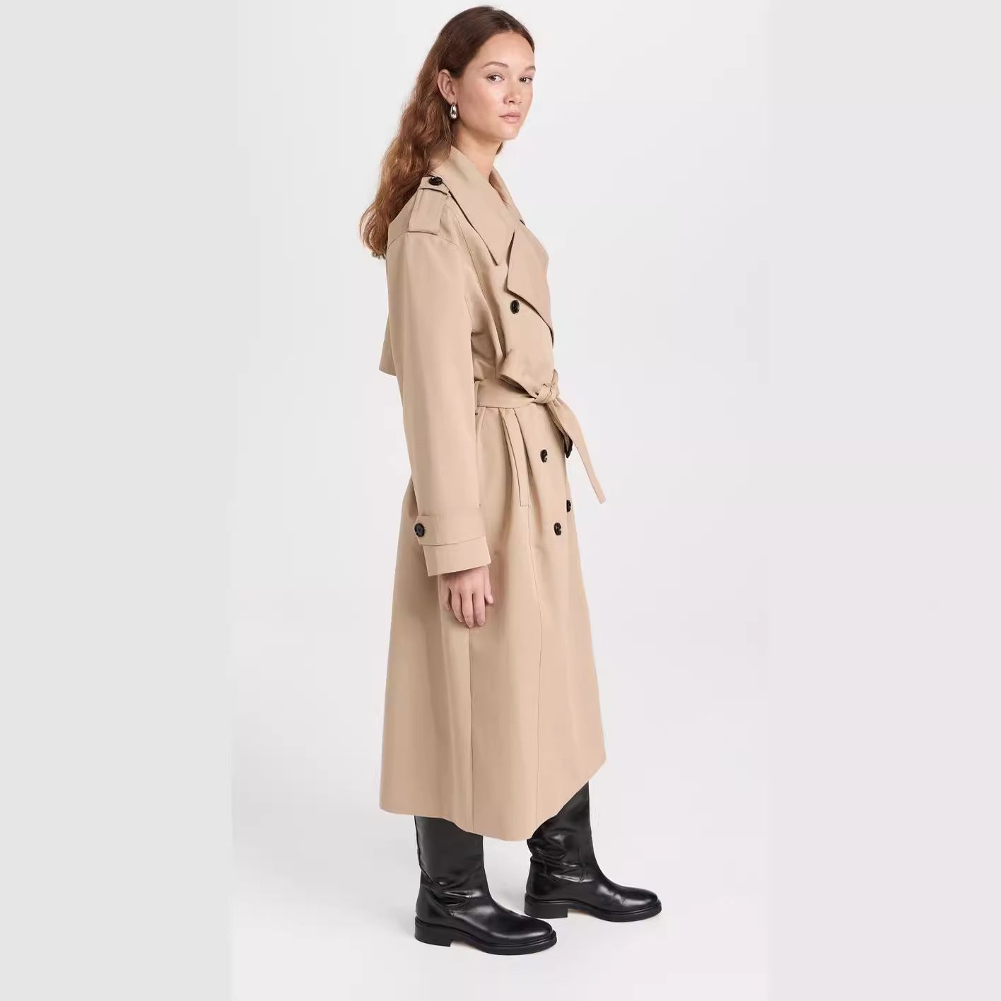 Women's Long Trench Coat made of Cotton Blend with Double-Breasted Button Placket, Waist Belt and Shoulder Flaps Chichicherry