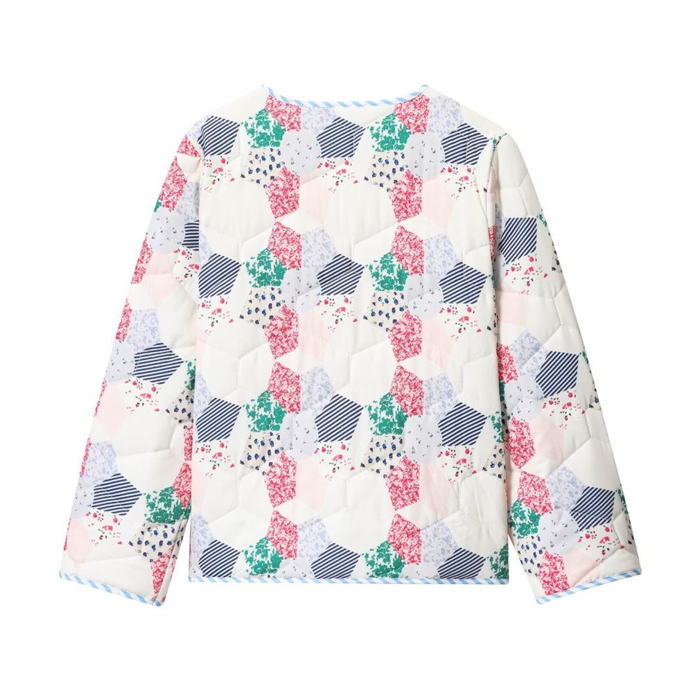 Women's Quilted Short Jacket in Patchwork Quilt Look with Button Placket and Patch Pockets Chichicherry